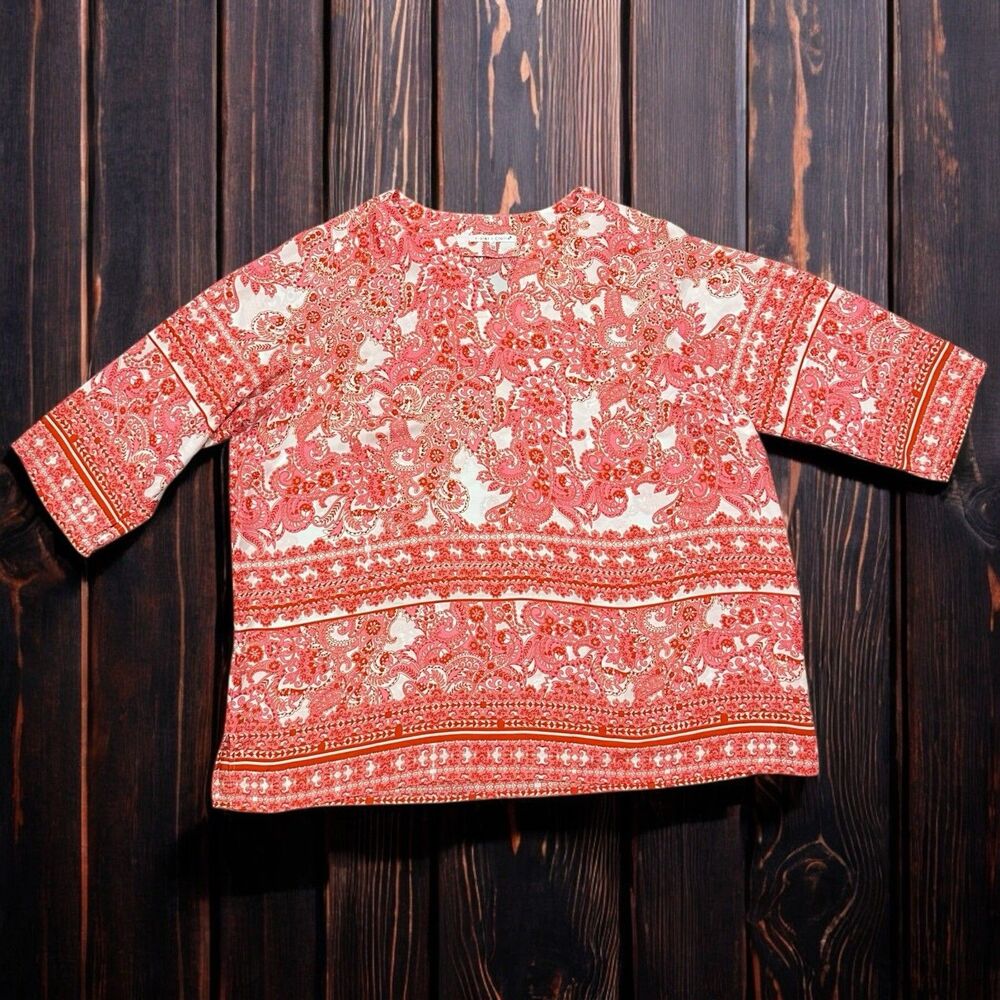 Violet + Claire Pink Orange Paisley Border Print Split Neck Blouse Top Womens 2X